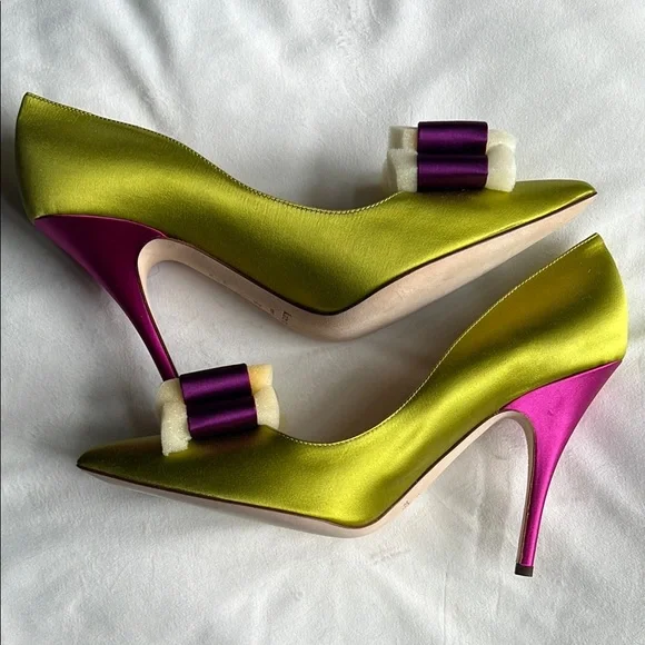 Kate Spade Latrice Satin Lime Green/Royal Purple Bow Pumps - Picture 2 of 9